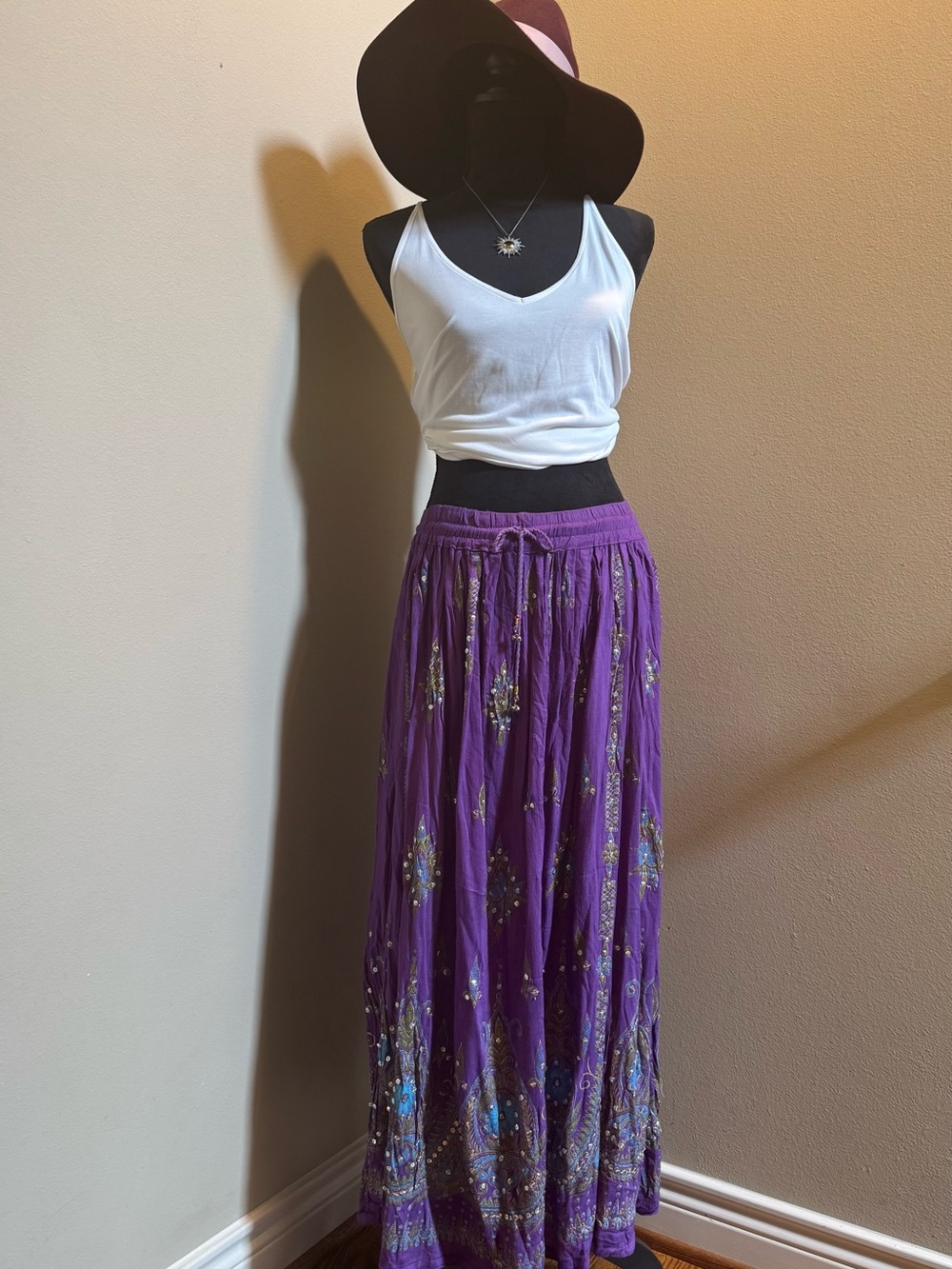 Purple Bohemian Maxi Skirt with Embellished Accents